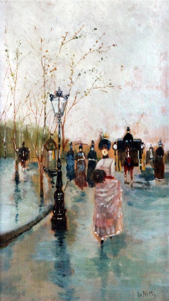 Attributed to Giuseppe De Nittis (Italian, 1846-1884) French street scenes, 8.5 x 4.5in.